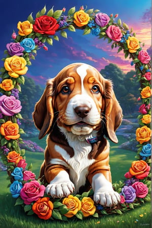 (masterpiece, best quality, ultra-detailed, 8K), high detail, realistic detail, chiby caricature of a charming and happy puppy [Basset Hound], in the dark, wreath of colorful roses, brown eyes, eye contact, short skin and soft, kind smile, details of colorful flowers, a serene and contemplative rainbow in the sky, daytime sky background, chibi.
