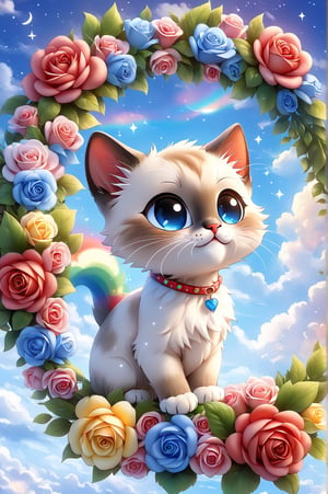 (masterpiece, best quality, ultra-detailed, sharp edges, 8K), vivid Colors, high detail, realisitc detailed. Charming and happy little kitten [Siamese] Chibi, in the blue sky, colorful roses wreath, eye contact, short and soft skin, kind smile, details of colorful flowers, a serene and contemplative rainbow in the sky, day sky background, chibi.