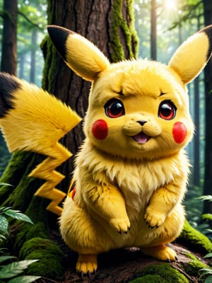 realistic close up photo of pikachu that is in an forest near a tree, detailed realistic fluffy fur