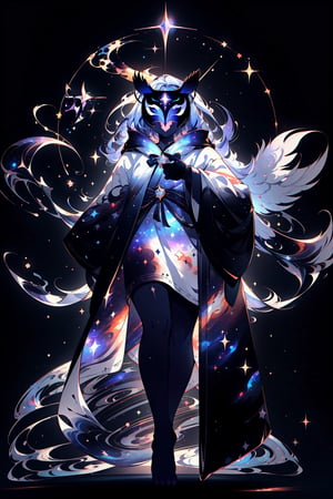 solo_male, solo, skinny, simple background, gloves, animal ears, full body, black skin, grey background, glowing, no pupils, starry sky print, (white Owl porcelain mask:1.2), (celestial long robe:1.2), library, mystic, 3d render, unreal engine, Celestial Skin,More Detail,