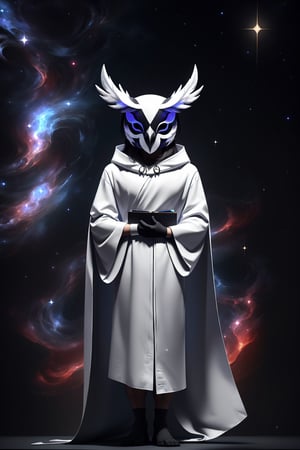 solo_male, solo, skinny, simple background, gloves, animal ears, full body, black skin, grey background, glowing, no pupils, starry sky print, (white Owl porcelain mask:1.2), (celestial long robe:1.2), library, mystic, 3d render, unreal engine, Celestial Skin