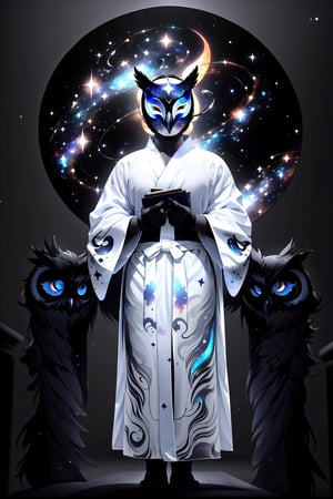 solo_male, solo, skinny, (slim), simple background, gloves, animal ears, full body, black skin, grey background, glowing, no pupils, starry sky print, (white Owl porcelain mask:1.2), (celestial long robe:1.2), library, mystic, 3d render, unreal engine, Celestial Skin,More Detail,