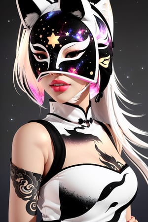 1girl, solo, skinny, (slim), simple background, gloves, animal ears, shoulders, tail, upper body, pink lips, white hair, sleeveless, virtual youtuber, (black skin), grey background, glowing, no pupils, starry sky print, (white fox mask:1.25), (black celestial qipao:1.2), dinamic photo, mystic, 3d render, unreal engine,Celestial Skin,3D MODEL