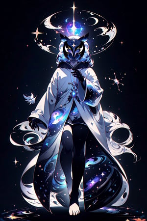 solo_male, solo, skinny, simple background, gloves, animal ears, full body, black skin, grey background, glowing, no pupils, starry sky print, (white Owl porcelain mask:1.2), (celestial long robe:1.2), library, mystic, 3d render, unreal engine, Celestial Skin,More Detail,