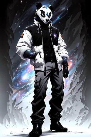 solo_male, strong, muscular, solo, (slim), simple background, gloves, animal ears, full body, (black skin), grey background, glowing, no pupils, (human_lip), starry sky print, (white bear mask:1.2), sleek mask, 1 mask, (black celestial winter clothes:1.2), turtleneck, cargo pants, dinamic photo, mystic, 3d render, unreal engine,Celestial Skin,