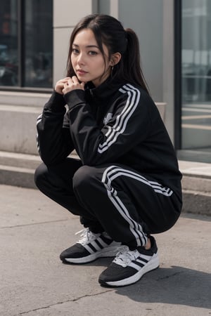 Korean woman,slav squat,black adidas full tracksuit