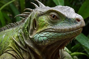 Iguana close-up portrait, photograph, hyperrealism, intricate, background jungle,