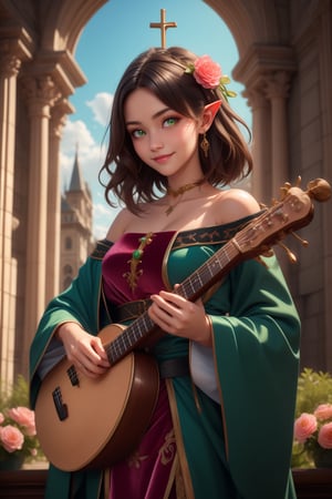 A smiling female bard with black, wavy, short shoulder-length hair and is adorned with flowers and green ribbons. Her eyes are green.  She is wearing velvet robes.  She has short, pointy ears. She's playing a lute.  She has an audience, HDR, European girl, stunning cathedral background, swirls of magical notes fill the air, looking at viewer