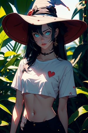 detailed cg, anime picture, shiny hair and skin, chromatic aberration, transparent background, depth of field, colorful ,cinematic light, soft lighting, glowing skin, lighting,1girl, solo, long_hair, navel, shirt, midriff, realistic, plant, tied_shirt, black_hair, heart, white_shirt, head_out_of_frame, lips, potted_plant, clothes_writing, crop_top blurry ,portrait,blacklight, green eyes, black hair, (long hair,) twintails, witch hat, monadef
