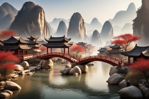 best quality, ultra-detailed, (no humans: 1.5), distant mountains, ancient Chinese buildings, structurally intact wooden bridges, rivers, boulders, soft natural sunlight, mixed Chinese landscape style elements