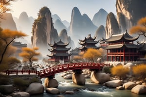 best quality, ultra-detailed, (no humans: 1.5), distant mountains, ancient Chinese buildings, structurally intact wooden bridges, rivers, boulders, soft natural sunlight, mixed Chinese landscape style elements