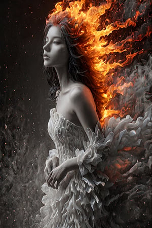 Beautiful female, made with black on white smoky layers, floating embers,  surrealism,faize