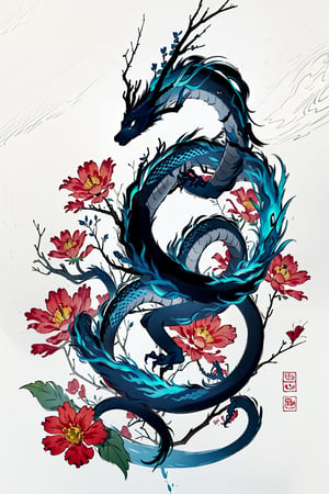 full body, flower, no humans, spot color, dragon, branch, scales, eastern dragon,dragonink