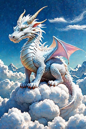 white dragon resting on a fluffy cloud like cotton,dragon_anything