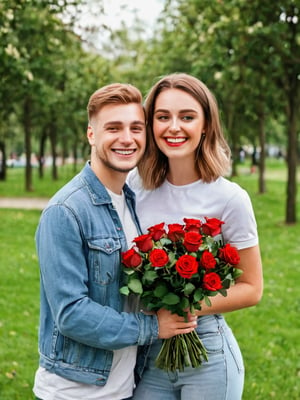  a boy and a girl, (the boys with a bouquet of roses 1:1), the girl smiling with red blushing cheeks, casual clothes, in a park with trees ,photorealistic,Stylish