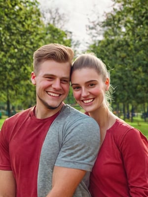  a boy and a girl, (the boys with a bouquet of roses 1:1), the girl smiling with blushing cheeks, red casual clothes, in a park with trees ,photorealistic,Stylish