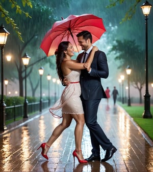 Masterpiece in UHD, with crisp details, inspired by an artistic fusion of realism and romance. | In a charming park, at night, under a heavy summer rain, a passionate couple celebrates Valentine's Day. They are sheltered under a large red umbrella, sharing laughs and smiles as they walk along the drenched paths. The raindrops reflect the soft light of the lanterns, creating a romantic and intimate setting. | The scene is composed in a medium shot, highlighting the emotional connection between the couple and the romantic atmosphere of the environment. The camera angle captures the details of the rain and the lovers' happy expressions. | The soft lighting from the park lanterns creates a cinematic effect, enhancing the beauty of the scene and adding a touch of magic to the moment. The rain, in the foreground, brings a dynamic texture and a sense of movement to the image. | A romantic couple celebrates Valentine's Day in a nighttime park under a heavy summer rain. | {The camera is positioned very close to them, revealing their entire bodies as they adopt dynamic poses, laughing and smiling while walking hand in hand through the rain-soaked paths}, | They are adopting (((dynamic poses as they walk, laughing and smiling, enjoying each other's company))), ((dynamic_pose):1.3), ((perfect_pose)), ((perfect_pose):1.5), (((full body image))), ((perfect_fingers, perfect_hands, better_hands)), ((More Detail)),