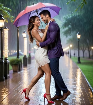 Masterpiece in UHD,  with crisp details,  inspired by an artistic fusion of realism and romance. | In a charming park,  at night,  under a heavy summer rain,  a passionate couple celebrates Valentine's Day. They are sheltered under a large purple umbrella,  sharing laughs and smiles as they walk along the drenched paths. The raindrops reflect the soft light of the lanterns,  creating a romantic and intimate setting. | The scene is composed in a medium shot,  highlighting the emotional connection between the couple and the romantic atmosphere of the environment. The camera angle captures the details of the rain and the lovers' happy expressions. | The soft lighting from the park lanterns creates a cinematic effect,  enhancing the beauty of the scene and adding a touch of magic to the moment. The rain,  in the foreground,  brings a dynamic texture and a sense of movement to the image. | A romantic couple celebrates Valentine's Day in a nighttime park under a heavy summer rain. | {The camera is positioned very close to them,  revealing their entire bodies as they adopt dynamic poses,  laughing and smiling while walking hand in hand through the rain-soaked paths},  | They are adopting (((dynamic poses as they walk,  laughing and smiling,  enjoying each other's company))),  ((dynamic_pose):1.3),  ((perfect_pose)),  ((perfect_pose):1.5),  (((full body image))),  ((perfect_fingers,  perfect_hands,  better_hands)),  ((More Detail))