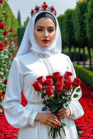 solo, full_body, 1girl, (((red rose))), queen, tiara, wearing white muslim abaya, (((red rose garden decoration))), highly detailed, hyper realistic, with dramatic polarizing filter, vivid colors, sharp focus, HDR, UHD, 64K, 16mm, color graded portra 400 film, remarkable color, ultra realistic,1 girl,photo r3al,p3rfect boobs,r4w photo