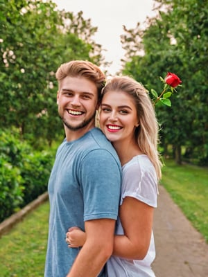 a boy and a girl, (the boys with a bouquet of roses 1:1), the girl smiling with red blushing cheeks, casual clothes, in a park with trees ,photorealistic,Stylish