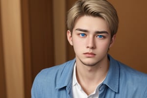 handsome, light hair, blue eyes, 18 years old, male, sad, light facial hair goatee