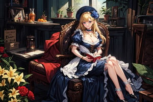 Ms. MoissaN, Bavaria, Germany, Kaolinite, shaped white rock, ceramic manufacturing, Citrus, orange, Bitter orange, lily, lemon, high-heeled shoes, light gray bow belt, gold plated earrings, ruby ,1girl, solo, long hair, breasts, looking at viewer, smile, bangs, blue eyes, skirt, blonde hair, large breasts, hat, dress, cleavage, jewelry, sitting, very long hair, closed mouth, full body, braid, flower, short sleeves, earrings, choker, striped, puffy sleeves, necklace, mole, puffy short sleeves, book, mole under eye, single braid, black headwear, rose, chair, floral print, own hands together, red flower, blue flower, long skirt, red rose, open book, hat flower, underbust, hat feather, hands on lap, german clothes, traditional clothes(best quality,masterpiece,EpicArt,xjrex,retroartstyle