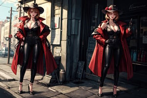 1 girl, Tennant, liar, Fraud, Diamond synthesis, Birmingham, wide brimmed hat, revolver, Viper jewelry, long sleeves, shoes, dragon horns, necklace, breasts, red eyes, gloves, cleavage, jacket on shoulders, coat on shoulders, striped pants, high-waist pants, collared shirt, vest, high heels(best quality,masterpiece,EpicArt,xjrex,retroartstyle