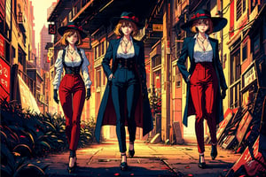 1 girl, Tennant, liar, Fraud, Diamond synthesis, Birmingham, wide brimmed hat, revolver, Viper jewelry, long sleeves, shoes, dragon horns, necklace, breasts, red eyes, gloves, cleavage, coat on shoulders, high-waist striped pants, collared shirt, vest, high heels(best quality,masterpiece,EpicArt,xjrex,retroartstyle,best quality