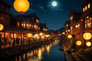 Chinese Lantern Festival, Night, Reflection, river, bridge, willow, lanterns, full moon, ancient city, sparkling, festoons, crowd(best quality,masterpiece,EpicArt,xjrex,retroartstyle,best quality