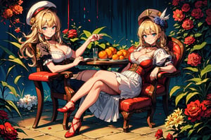 Ms. MoissaN, Bavaria, Germany, Kaolinite, shaped white rock, ceramic manufacturing, Citrus, orange, Bitter orange, lily, lemon, high-heeled shoes, light gray bow belt, gold plated earrings, ruby ,1girl, solo, long hair, breasts, looking at viewer, smile, bangs, blue eyes, skirt, blonde hair, large breasts, hat, dress, cleavage, jewelry, sitting, very long hair, closed mouth, full body, braid, flower, short sleeves, earrings, choker, striped, puffy sleeves, necklace, mole, puffy short sleeves, book, mole under eye, single braid, black headwear, rose, chair, floral print, own hands together, red flower, blue flower, long skirt, red rose, open book, hat flower, underbust, hat feather, hands on lap, german clothes, traditional clothes(best quality,masterpiece,EpicArt,xjrex,retroartstyle,best quality