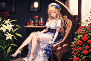 Ms. MoissaN, Bavaria, Germany, Kaolinite, shaped white rock, ceramic manufacturing, Citrus, orange, Bitter orange, lily, lemon, high-heeled shoes, light gray bow belt, gold plated earrings, ruby ,1girl, solo, long hair, breasts, looking at viewer, smile, bangs, blue eyes, skirt, blonde hair, large breasts, hat, dress, cleavage, jewelry, sitting, very long hair, closed mouth, full body, braid, flower, short sleeves, earrings, choker, striped, puffy sleeves, necklace, mole, puffy short sleeves, book, mole under eye, single braid, black headwear, rose, chair, floral print, own hands together, red flower, blue flower, long skirt, red rose, open book, hat flower, underbust, hat feather, hands on lap, german clothes, traditional clothes(best quality,masterpiece,EpicArt,xjrex,retroartstyle,best quality