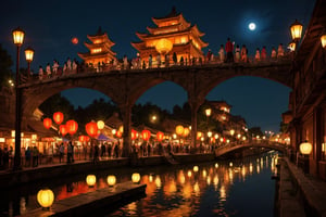 Chinese Lantern Festival, Night, Reflection, river, bridge, willow, lanterns, full moon, ancient city, sparkling, festoons, crowd(best quality,masterpiece,EpicArt,xjrex,retroartstyle,best quality