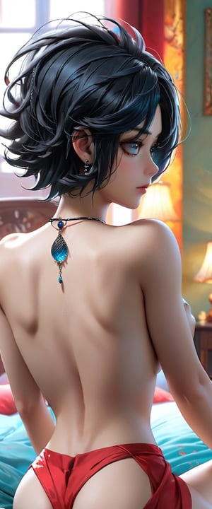 1girl  black and blue back hair colour aqua short hair old sitting on  bed  waiting for me she was long black hair  red eyes  nice figure  sexy position  necklace earring   without clothes 