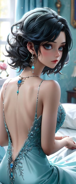 1girl  black and blue back hair colour aqua short hair old sitting on  bed  waiting for me she was long black hair  red eyes  nice figure  sexy position  necklace earring wedding dress 