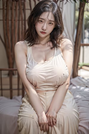 A beautiful woman with, expressive eyes, huge saggy breasts, (thicc:1), lively and vibrant, possessing a great temperament, A girl in the wild, ((A natural photo of a college girl with an innocent expression)), cotton tank top, flare pants, large breast

