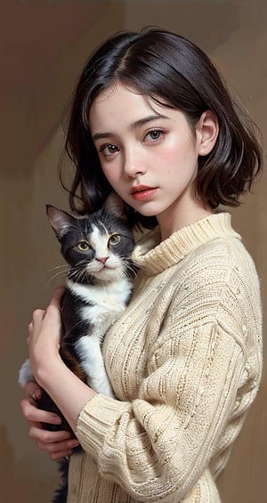 photorealistic,  realistic,  RAW photo, by Arturo Souto, by Brad Kunkle and wlop in the style of Daniel Merriam, cute 18 year old woman and her pet cat, digital painting, pale skin,highly detailed face,black hair, seducing facial expression,wearing a cozy sweater, 1950s,dark background,warm colors, RAW candid cinema,16mm,color graded portra 400 film,remarkable color,ultra realistic,, captured on a (Nikon D850)defiant facial expression