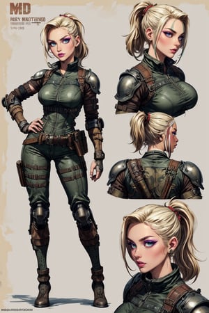 The concept character sheet of a strong, attractive, and hot warrior lady, mad max style, post apocalyptic style, dieselpunk look, dieselpunk setting, dieselpunk soldier girl, wearing techwear and armor, Cyberpunk costumes, In steampunk style, Her face is oval,  forehead is smooth and visibly rounded at the temples. jawline is softly defined,  giving her a gentle and feminine appearance, full body,  Full of details, frontal body view, back body view, Highly detailed, Depth, Many parts,((Masterpiece, Highest quality)), 8k, Detailed face (twin ponytail hairstyle) (blond hair) (green eyes), serious expression, Infographic drawing. Multiple sexy poses. tattoos,3d