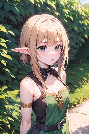 a half-human, half-elf girl, with white skin, green eyes, and wearing a long dress and a bow.