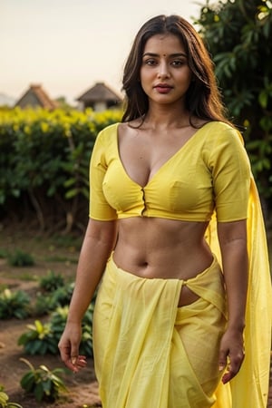4k hd photo of indian girl, golden hours, ((( girl wearing skin tight revealing yellow saree ))), long messy hair, full_body,Indian,perfecteyes, dusky skinned girl, curvy_hips, slightly_chubby, sexy_body, seductive_pose, slavery, full_clothed,traditional_dress, village girl, farming, standing in fields,Saree, lying in ground,photorealistic,Masterpiece,REALISTIC