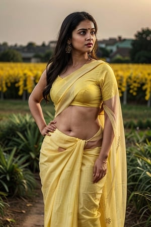 4k hd photo of indian girl, golden hours, ((( girl wearing yellow saree ))), long messy hair, full_body,Indian,perfecteyes, dusky skinned girl, curvy_hips, slightly_chubby, sexy_body, seductive_pose, slavery, full_clothed,traditional_dress, village girl, farming, standing in fields,Saree, lying in ground,photorealistic,Masterpiece,REALISTIC