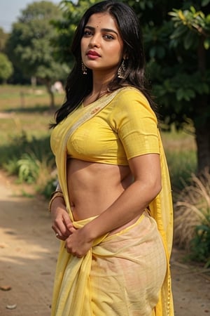 4k hd photo of indian girl, golden hours, ((( girl wearing yellow saree ))), long messy hair, full_body,Indian,perfecteyes, dusky skinned girl, curvy_hips, slightly_chubby, sexy_body, large breasts, seductive_pose, slavery, full_clothed,traditional_dress, village girl, farming, standing in fields,Saree, lying in ground,photorealistic,Masterpiece,REALISTIC