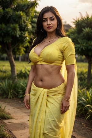 4k hd photo of indian girl, golden hours, ((( girl wearing yellow saree ))), long messy hair, full_body,Indian,perfecteyes, dusky skinned girl, curvy_hips, slightly_chubby, sexy_body, large breasts, seductive_pose, slavery, full_clothed,traditional_dress, village girl, farming, standing in fields,Saree, lying in ground,photorealistic,Masterpiece,REALISTIC