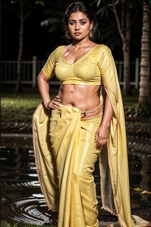 4k hd photo of indian girl, golden hours, ((( girl wearing wet yellow saree ))), long messy hair, full_body,Indian,perfecteyes, dusky skinned girl, curvy_hips, slightly_chubby, sexy_body, seductive_pose, slavery, exposing herbody,full_clothed,traditional_dress, village girl, farming, standing in fields,Saree, lying in ground,photorealistic,Masterpiece,REALISTIC,realism