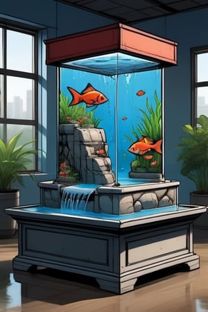 Water fountain, fish tank,comic book