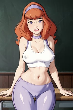 daphneblake,daphneblake, (8k, RAW photo, best quality, masterpiece), (intricate details),masterpiece), (best quality:1.2), cartoon style, solo, redhead, purple eyes, look at viewer, purple headband, 


Classroom,cameltoe,large_breasts, belly button,curvy_figure,thicc_thighs,erect nipples,thigh gap,wide thigh gap,camel_toe,blushing,camel toe pussy,  crop_top,tight yoga pants,purple choker,covered_nipples,