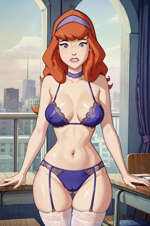 daphneblake,daphneblake, (8k, RAW photo, best quality, masterpiece), (intricate details),masterpiece), (best quality:1.2), cartoon style, solo, redhead, purple eyes, look at viewer, purple headband, standing, covered_nipples,


Classroom,cameltoe,large_breasts, belly button,curvy_figure,thicc_thighs,erect nipples,thigh gap,wide thigh gap,camel_toe,blushing,camel toe pussy,  lace_trim_lingeries, thigh_highs,garter_straps,purple choker,