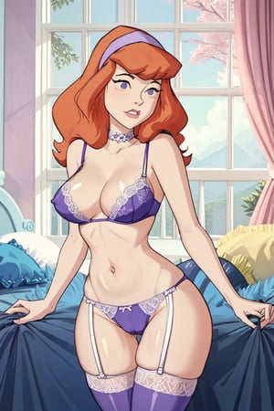 daphneblake,daphneblake, (8k, RAW photo, best quality, masterpiece), (intricate details),masterpiece), (best quality:1.2), cartoon style, solo, redhead, purple eyes, look at viewer, purple headband, standing, 


bedroom,cameltoe,large_breasts, belly button,curvy_figure,thicc_thighs,erect nipples,thigh gap,wide thigh gap,camel_toe,blushing,camel toe pussy,  lace_trim_lingeries, thigh_highs,garter_straps,purple choker,