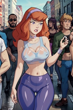 daphneblake,daphneblake, (8k, RAW photo, best quality, masterpiece), (intricate details),masterpiece), (best quality:1.2), cartoon style, solo, redhead, purple eyes, looking at viewer, purple headband, embarassed,breasts_exposed,breasts_through_croptop,


,crowded Street with horny men staring at her ,public_indecency,public_bathroom,soaked,cameltoe,large_breasts, belly button,curvy_figure,thicc_thighs,erect nipples,thigh gap,wide thigh gap,camel_toe,blushing,camel toe pussy,  wet see through crop_top,tight yoga pants,purple choker,nipple_bulge,nipple_outlines