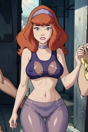 daphneblake,daphneblake, (8k, RAW photo, best quality, masterpiece), (intricate details),masterpiece), (best quality:1.2), cartoon style, solo, redhead, purple eyes, looking at viewer, purple headband, embarassed,breasts_exposed,breasts_through_croptop,


,crowded Street with horny black men staring at grabbing her ass and breasts,breasts_grab,grabbing_breasts,public_indecency,public_bathroom,soaked,cameltoe,large_breasts, belly button,curvy_figure,thicc_thighs,erect nipples,thigh gap,wide thigh gap,camel_toe,blushing,camel toe pussy,  wet see through crop_top,tight yoga pants,purple choker,nipple_bulge,nipple_outlines