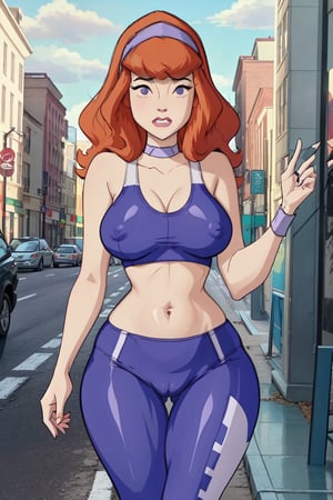 daphneblake,daphneblake, (8k, RAW photo, best quality, masterpiece), (intricate details),masterpiece), (best quality:1.2), cartoon style, solo, redhead, purple eyes, look at viewer, purple headband, 


crowded Street with people staring,public_indecency,public_bathroom,cameltoe,large_breasts, belly button,curvy_figure,thicc_thighs,erect nipples,thigh gap,wide thigh gap,camel_toe,blushing,camel toe pussy,  crop_top,tight yoga pants,purple choker,covered_nipples,
